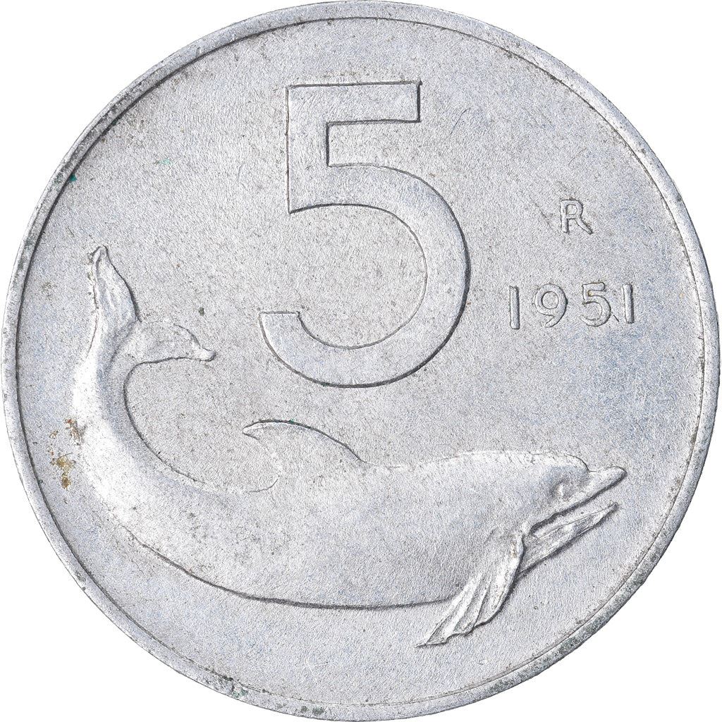 Italy Coin 5 Lire | Ship Rudder | Dolphin | KM92 | 1951 - 2001