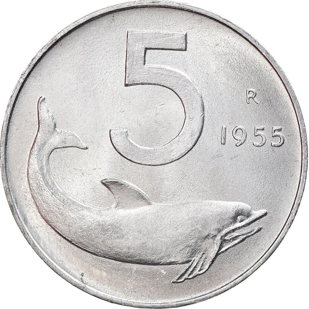 Italy Coin 5 Lire | Ship Rudder | Dolphin | KM92 | 1951 - 2001