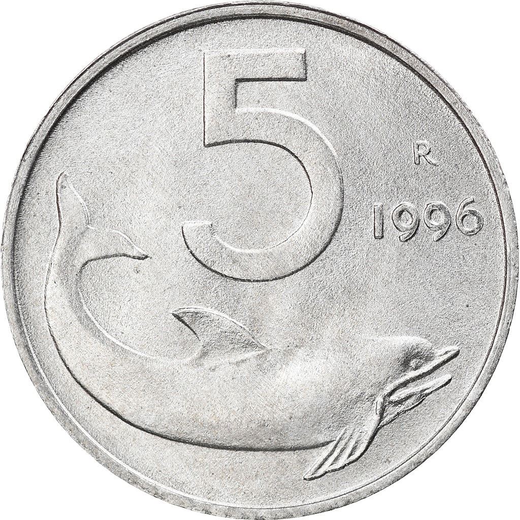 Italy Coin 5 Lire | Ship Rudder | Dolphin | KM92 | 1951 - 2001