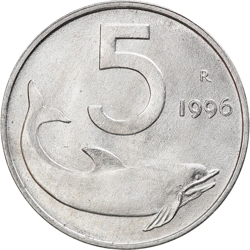 Italy Coin 5 Lire | Ship Rudder | Dolphin | KM92 | 1951 - 2001