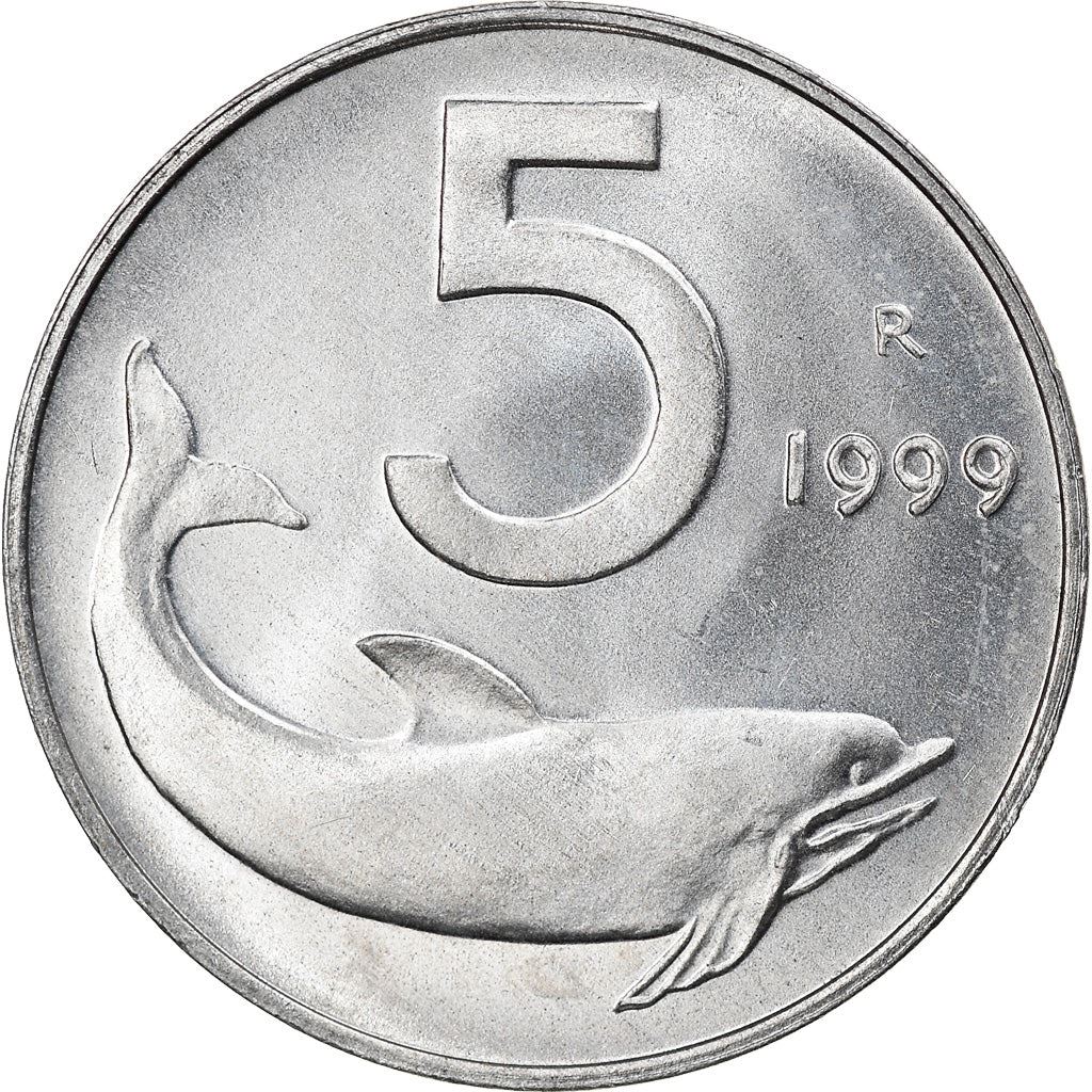 Italy Coin 5 Lire | Ship Rudder | Dolphin | KM92 | 1951 - 2001