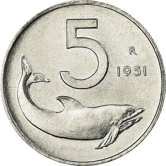 Italy Coin 5 Lire | Ship Rudder | Dolphin | KM92 | 1951 - 2001