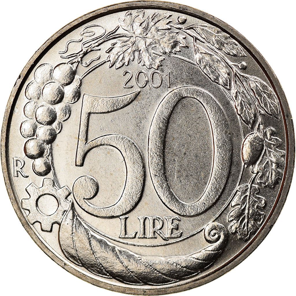 Italy Coin 50 Lire | Grapes | Cornucopia | Crown | Wheel | Star | KM183 | 1996 - 2001