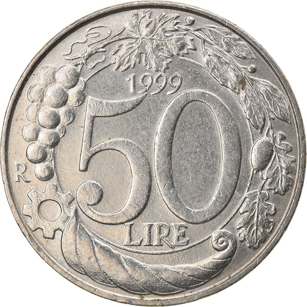 Italy Coin 50 Lire | Grapes | Cornucopia | Crown | Wheel | Star | KM183 | 1996 - 2001