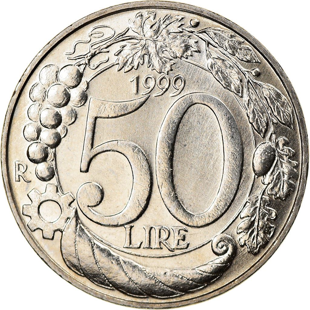 Italy Coin 50 Lire | Grapes | Cornucopia | Crown | Wheel | Star | KM183 | 1996 - 2001