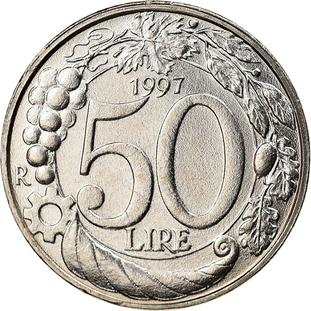 Italy Coin 50 Lire | Grapes | Cornucopia | Crown | Wheel | Star | KM183 | 1996 - 2001