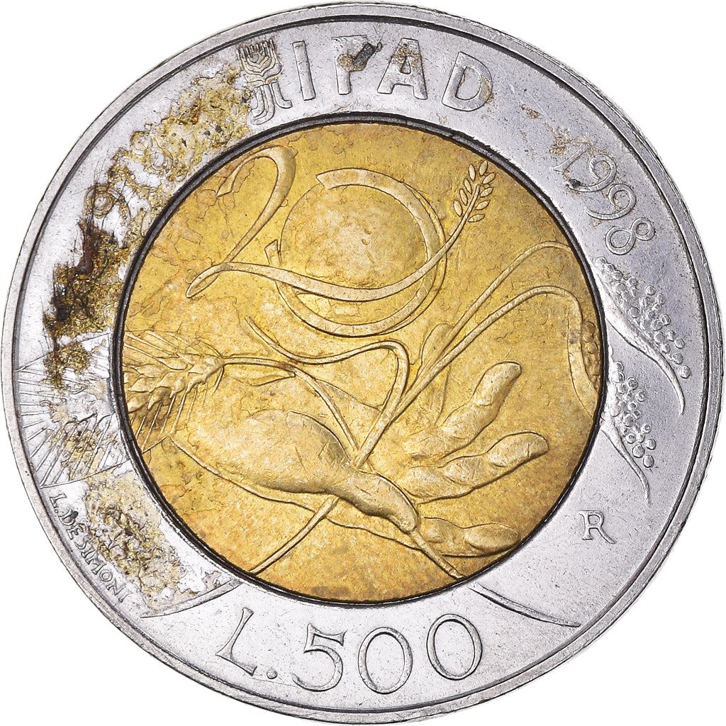 Italy Coin 500 Lire F.A.O. - IFAD | Shorghum Steam | Solar Globe | Wheat | KM193 | 1998