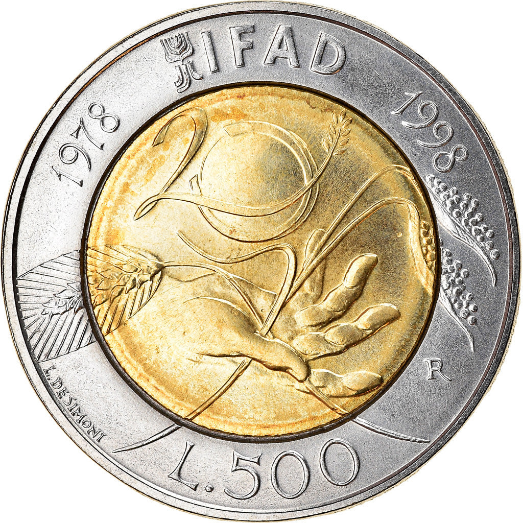 Italy Coin 500 Lire F.A.O. - IFAD | Shorghum Steam | Solar Globe | Wheat | KM193 | 1998