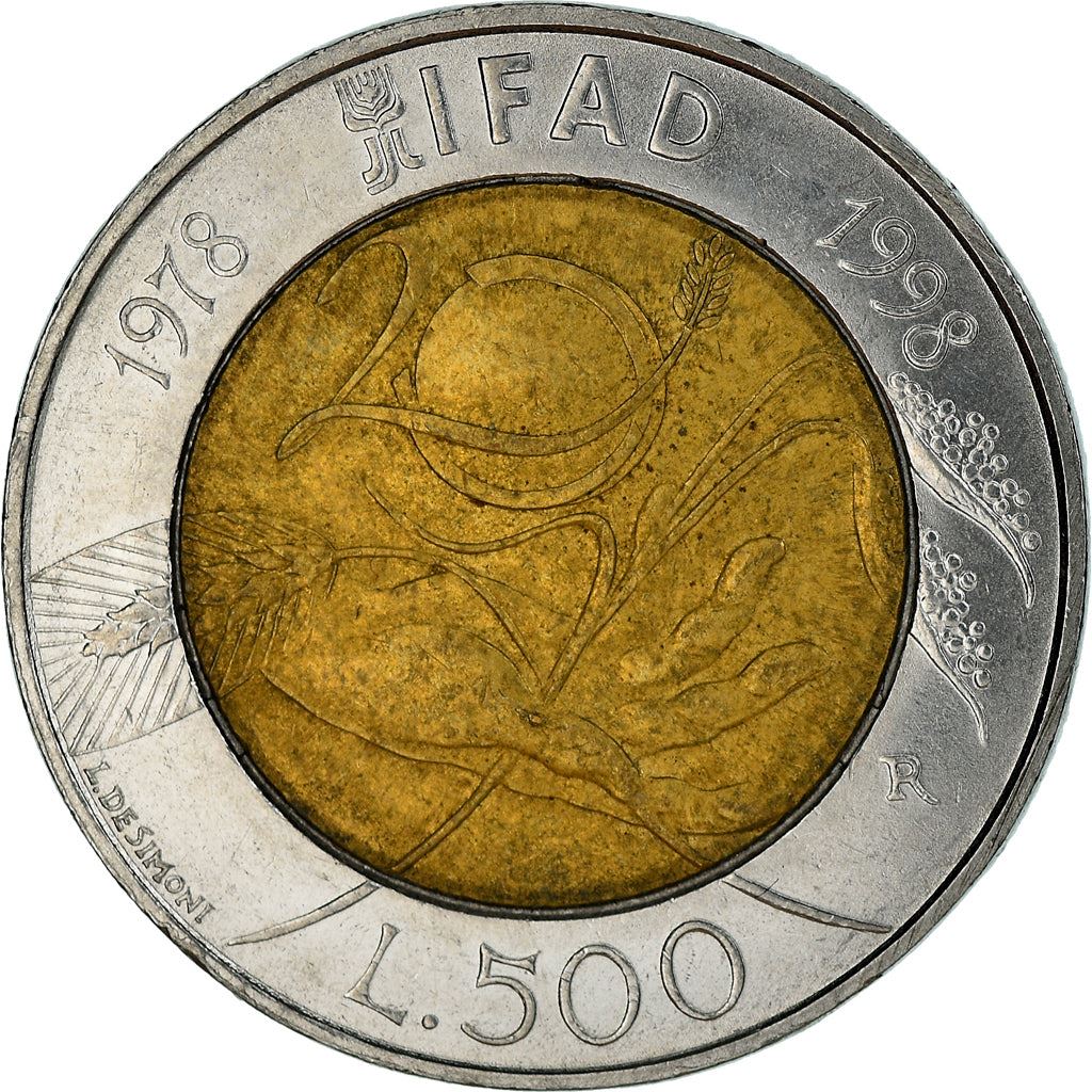 Italy Coin 500 Lire F.A.O. - IFAD | Shorghum Steam | Solar Globe | Wheat | KM193 | 1998