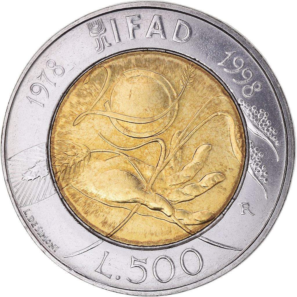 Italy Coin 500 Lire F.A.O. - IFAD | Shorghum Steam | Solar Globe | Wheat | KM193 | 1998