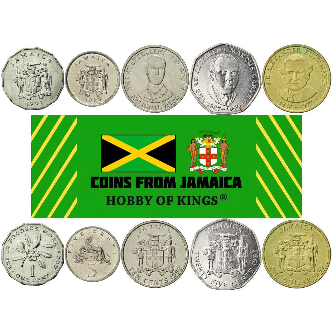 Jamaica | 5 Coin Set | 1 Cent 5 10 25 Cents 1 Dollar | Ackee fruit | American crocodile | Paul Bogle | Marcus Garvey | Sir Alexander Bustamante | 1975 - 2002