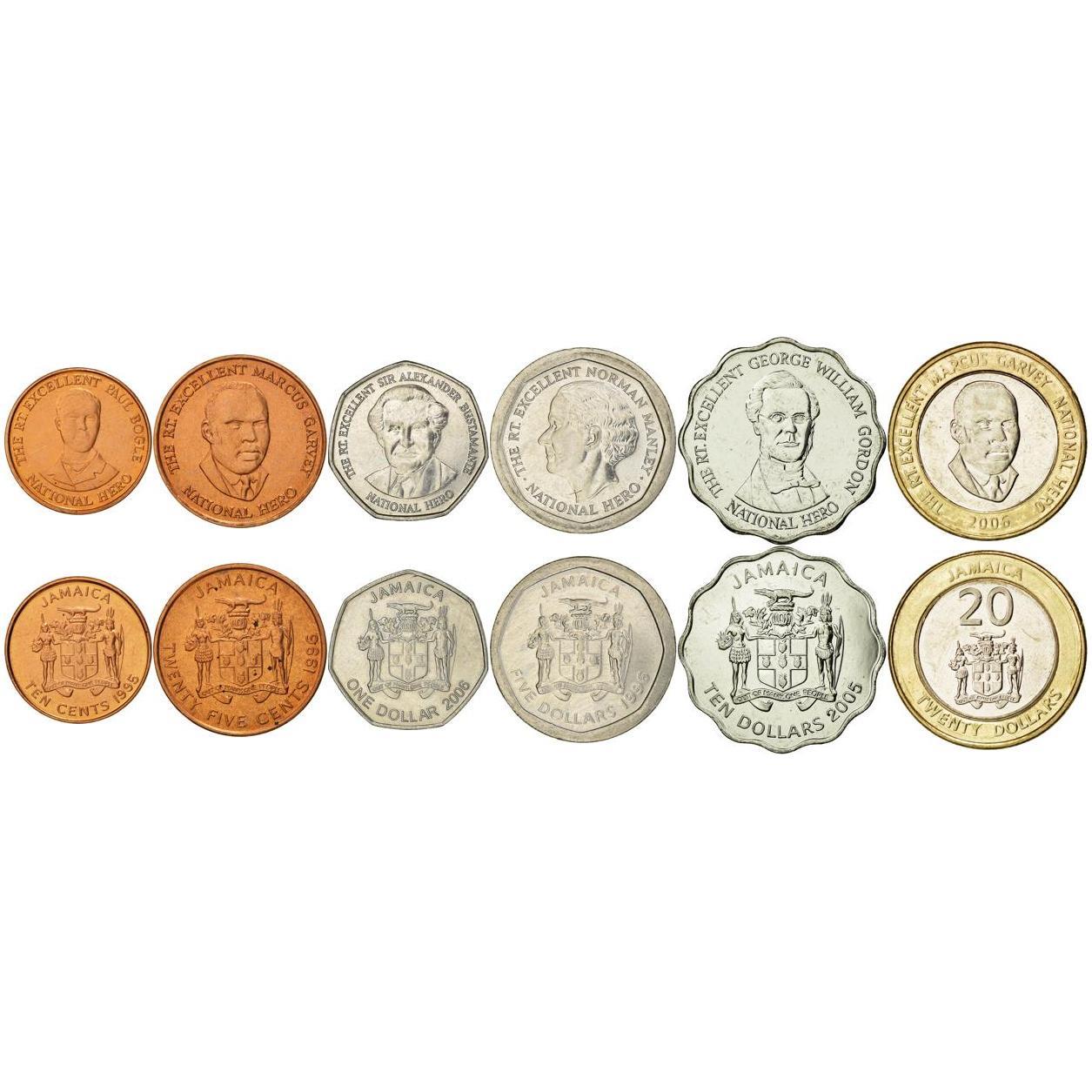 Jamaica | 6 Coin Set | 10 25 Cents 1 Dollar 5 10 20 Dollars | Paul Bogle | Marcus Garvey | Alexander Bustamante | Norman Manley | George William | 1994 - 2008