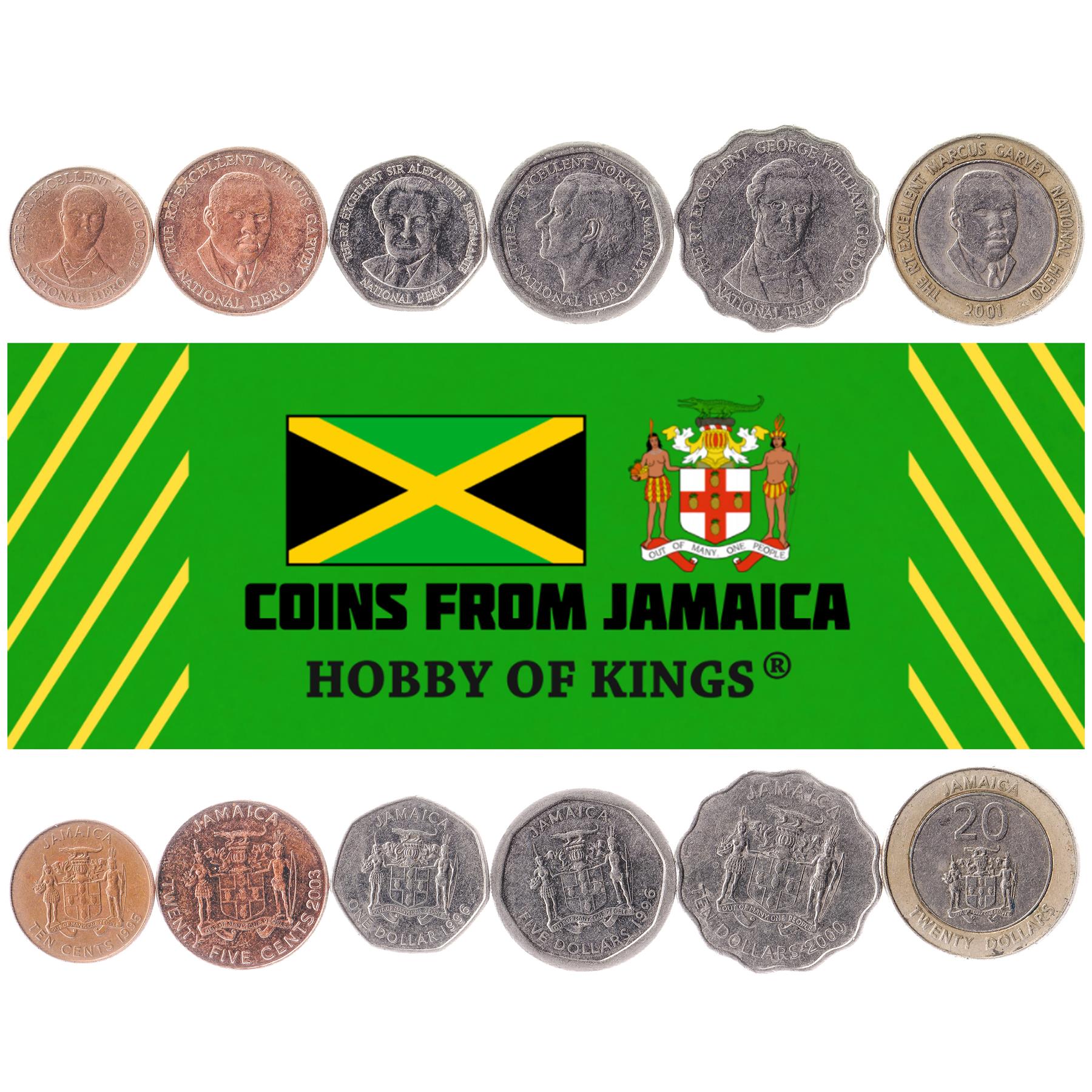 Jamaica | 6 Coin Set | 10 25 Cents 1 Dollar 5 10 20 Dollars | Paul Bogle | Marcus Garvey | Alexander Bustamante | Norman Manley | George William | 1994 - 2008