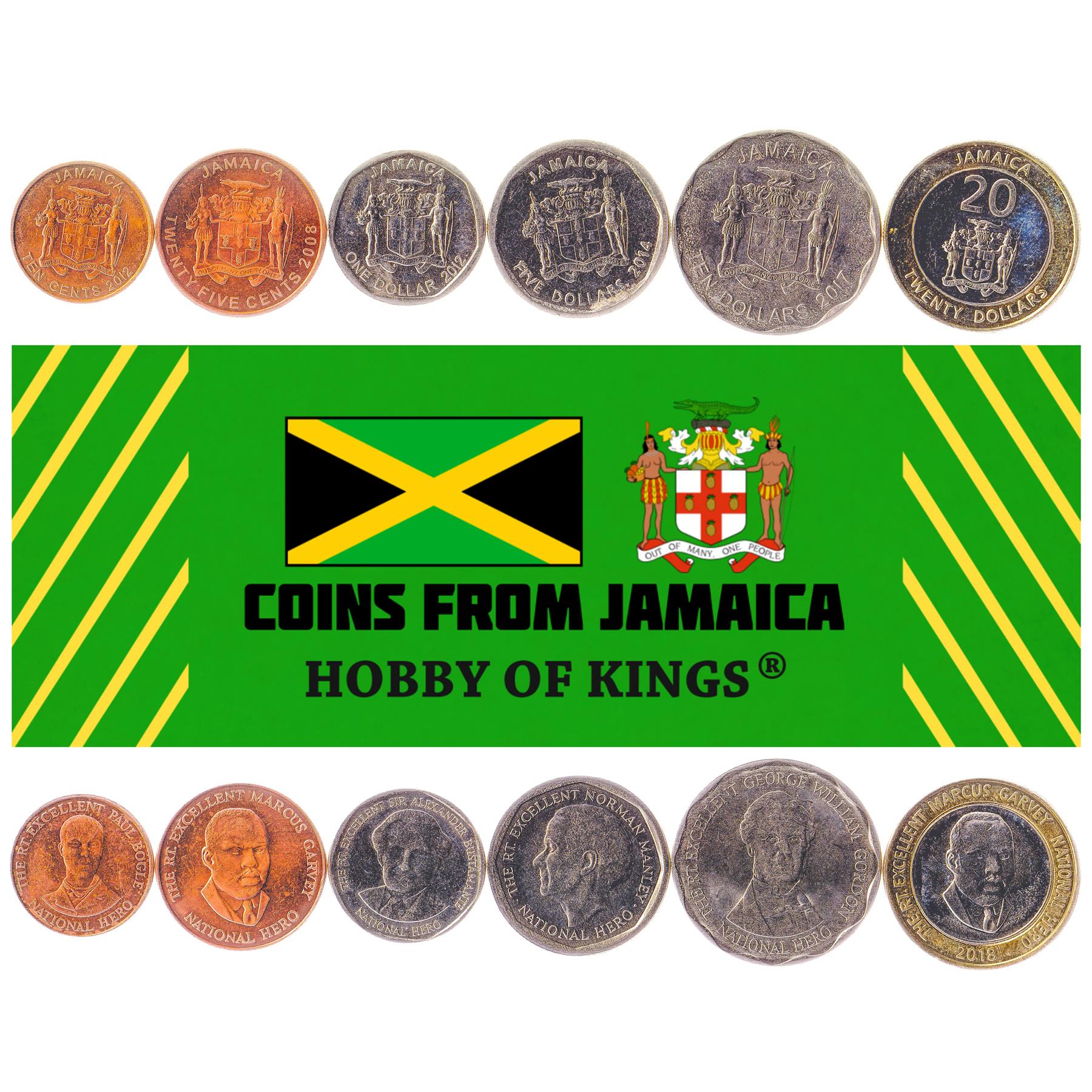 Jamaica | 6 Coin Set | 10 25 Cents 1 Dollar 5 10 20 Dollars | Paul Bogle | Marcus Garvey | Alexander Bustamante | Norman Manley | George William Gordon | 2008 - 2022