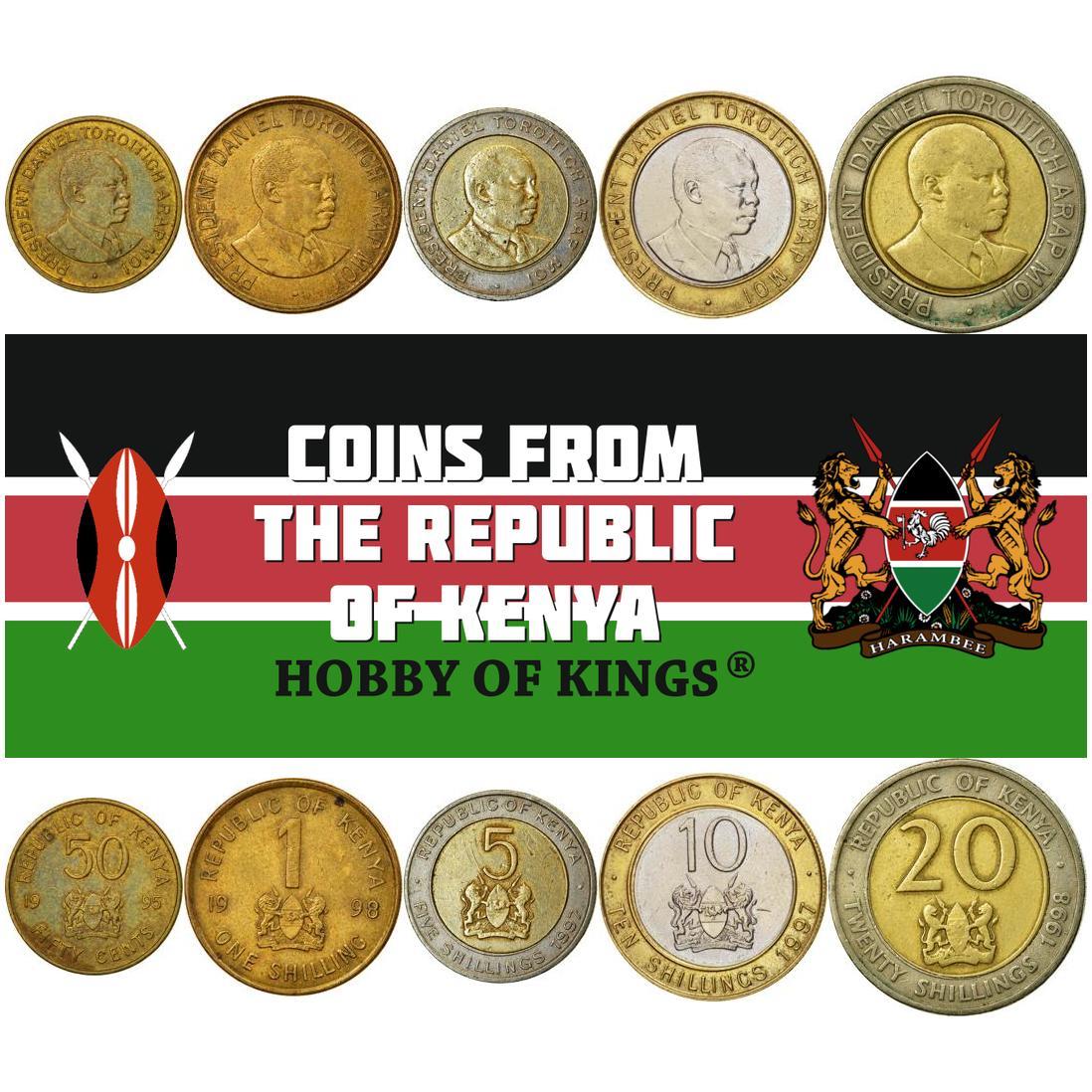 Kenya | 5 Coin Set | 50 Cents 1 Shilling 5 10 20 Shillings | Daniel Toroitich Arap Moi | 1995 - 1998