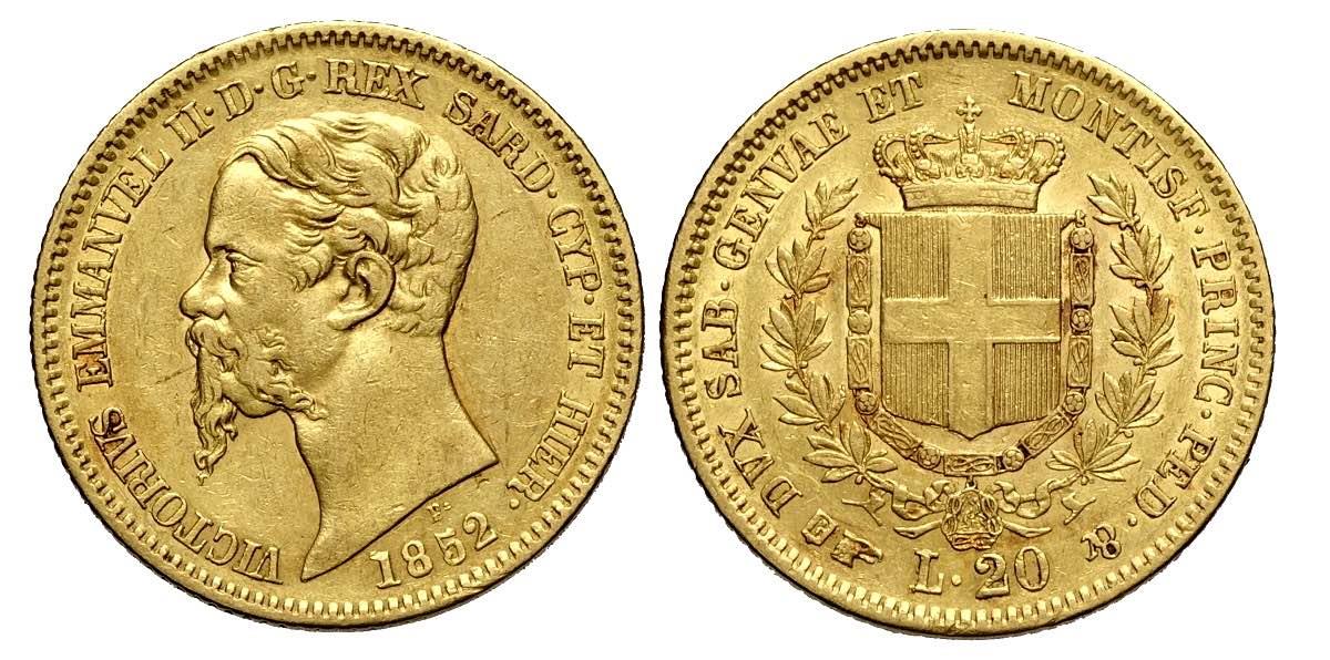 Kingdom of Sardinia 20 Lire Gold Coin 1852 | King Vittorio Emanuele II | Italian states | KM146