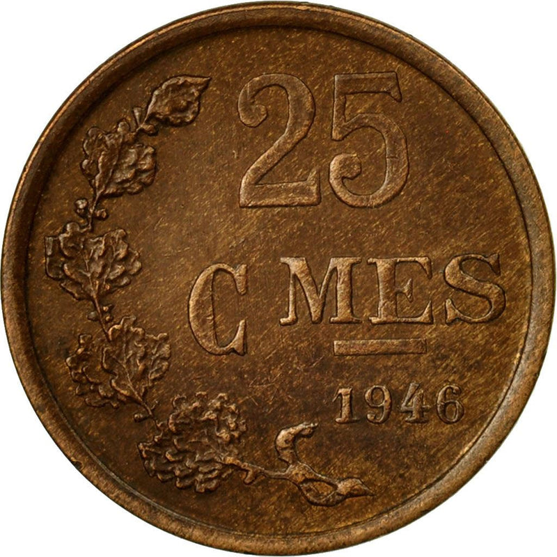 Luxembourg 25 Centimes Coin Grand Duchess Charlotte KM45 1946