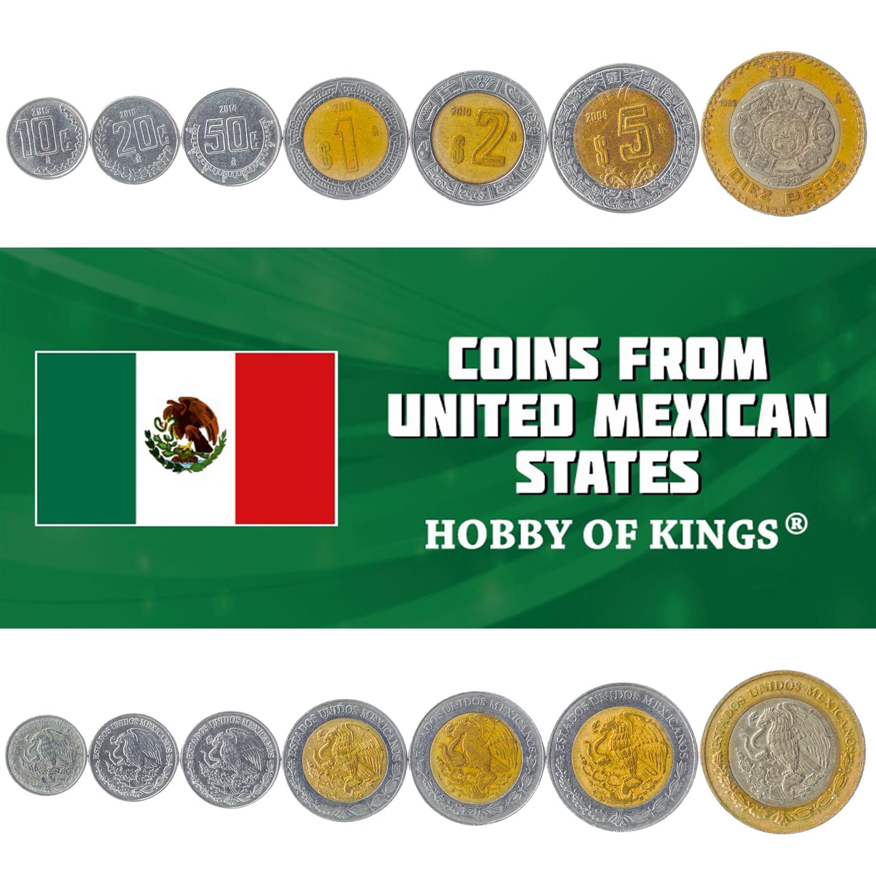 Mexican 7 Coin Set 10 20 50 Centavos 1 2 5 10 Pesos | Opuntia | Golden Eagle | Aztec calendar stone | 1996 - 2021