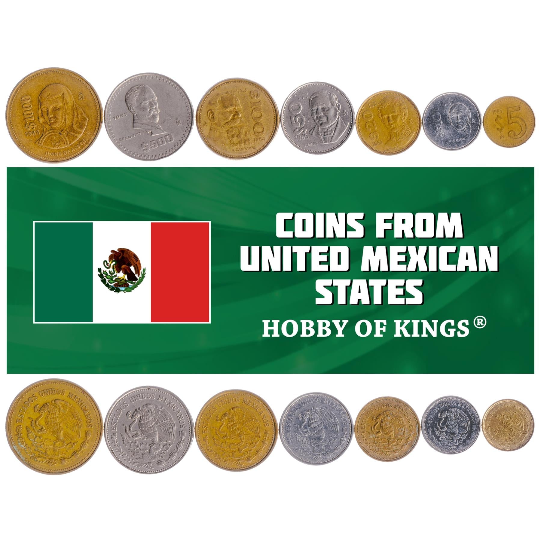 Mexican 7 Coin Set 5 10 20 50 100 500 1000 Pesos | Cactus | Golden Eagle | Snake | Laurel | Aztec calendar stone | 1984 - 1992