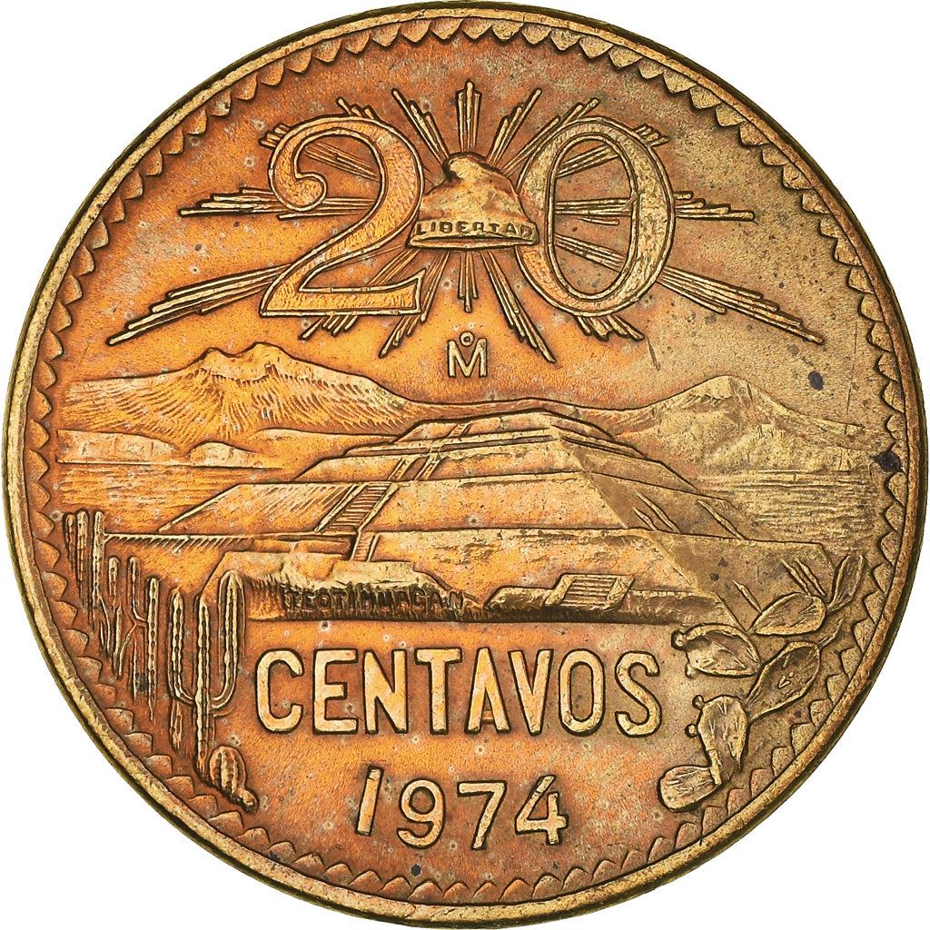 Mexico | 20 Centavos Coin | Liberty cap | Pyramid | Popocatepetl | KM441 | 1971 - 1974