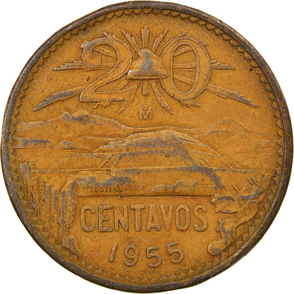 Mexico 20 Centavos | Liberty cap | Pyramid | Teotihuacán Coin | KM439 | 1943 - 1955