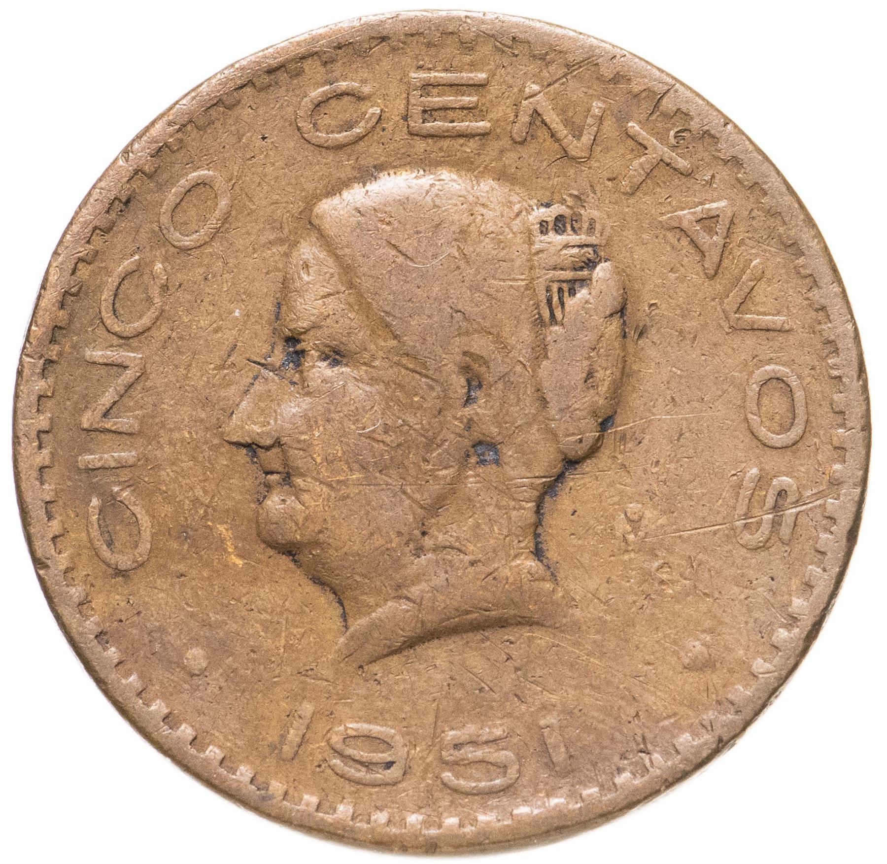 Mexico 5 Centavos | Josefa Ortiz de Dominguez | Oak wreth Coin | KM424 | 1942 - 1955