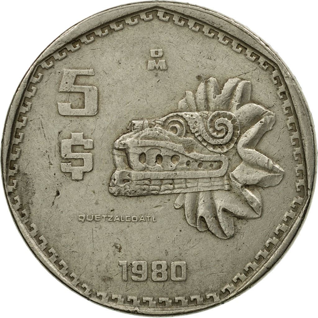 Mexico 5 Pesos | feathered serpent god Quetzalcoatl Coin | KM485 | 1980 - 1985