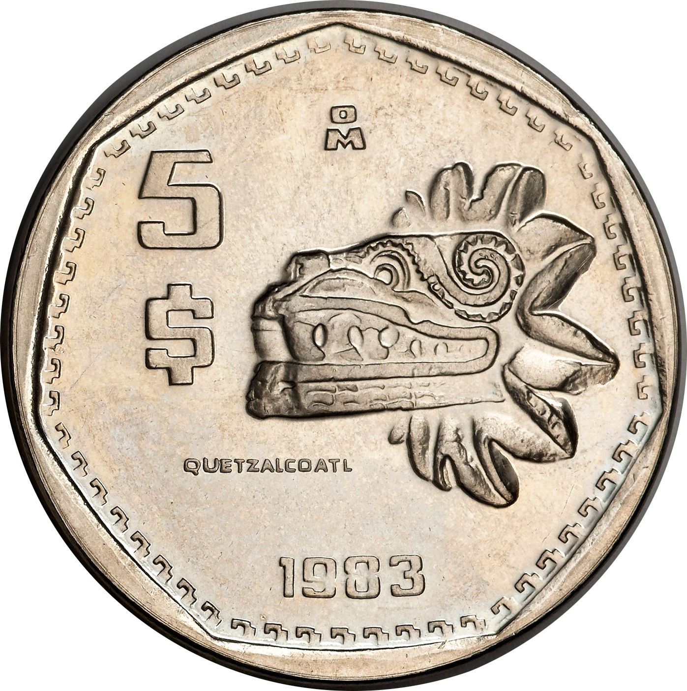 Mexico 5 Pesos | feathered serpent god Quetzalcoatl Coin | KM485 | 1980 - 1985