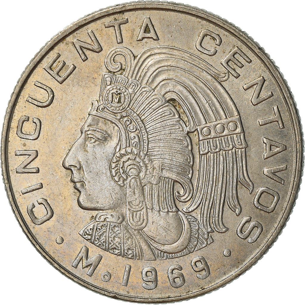 Mexico 50 Centavos Coin | King Cuauhtemoc | Feather crown | KM451 | 1964 - 1969