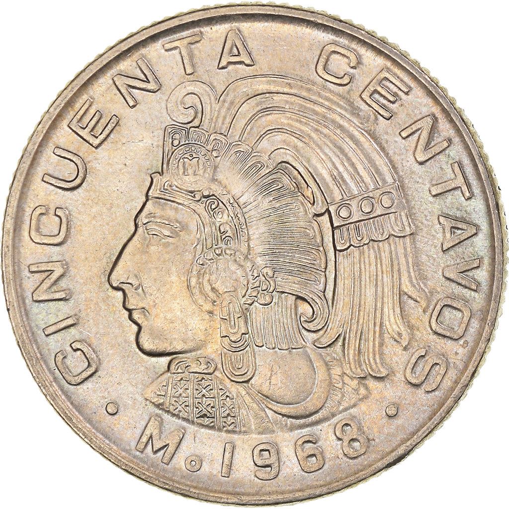 Mexico 50 Centavos Coin | King Cuauhtemoc | Feather crown | KM451 | 1964 - 1969