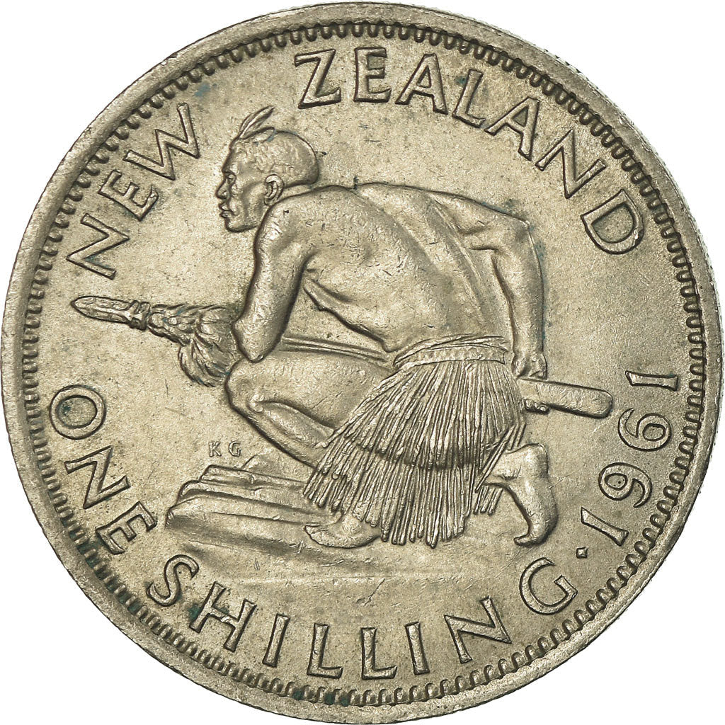 New Zealander 1 Shilling Coin | Queen Elizabeth II | Maori Warrior | Taiaha | KM27 | 1953 - 1965