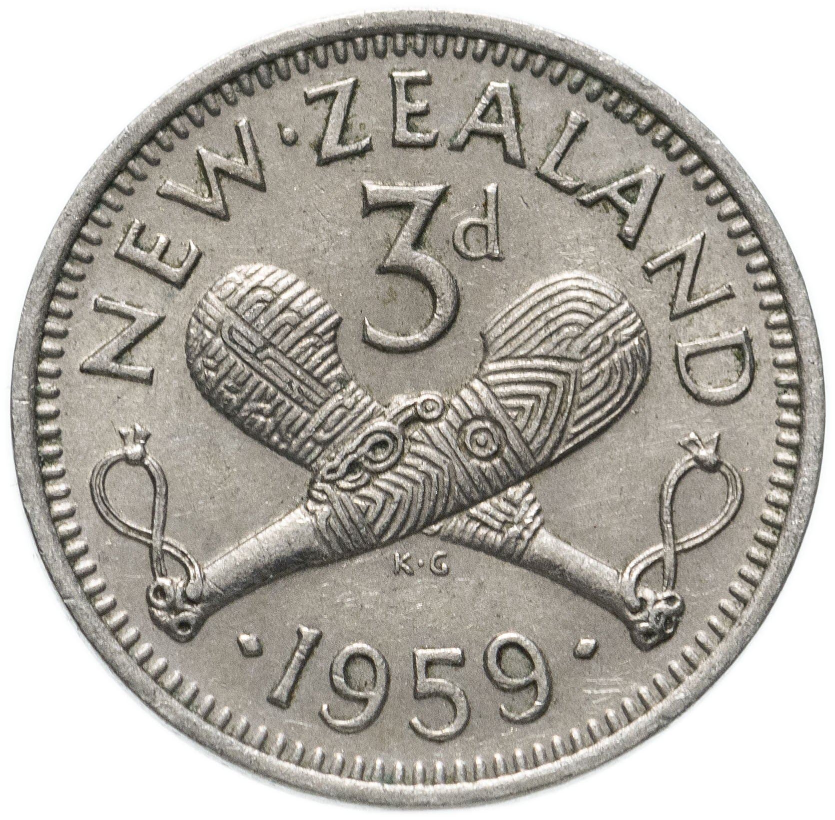 New Zealander 3 Pence Coin | Queen Elizabeth II | Carved Patu | KM25 | 1953 - 1965