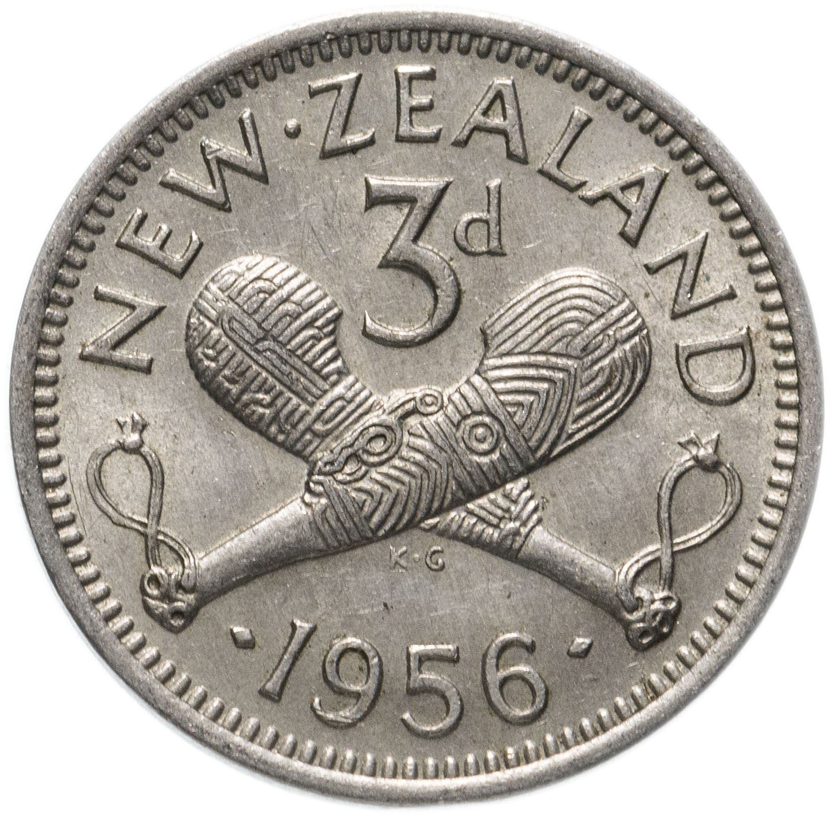 New Zealander 3 Pence Coin | Queen Elizabeth II | Carved Patu | KM25 | 1953 - 1965