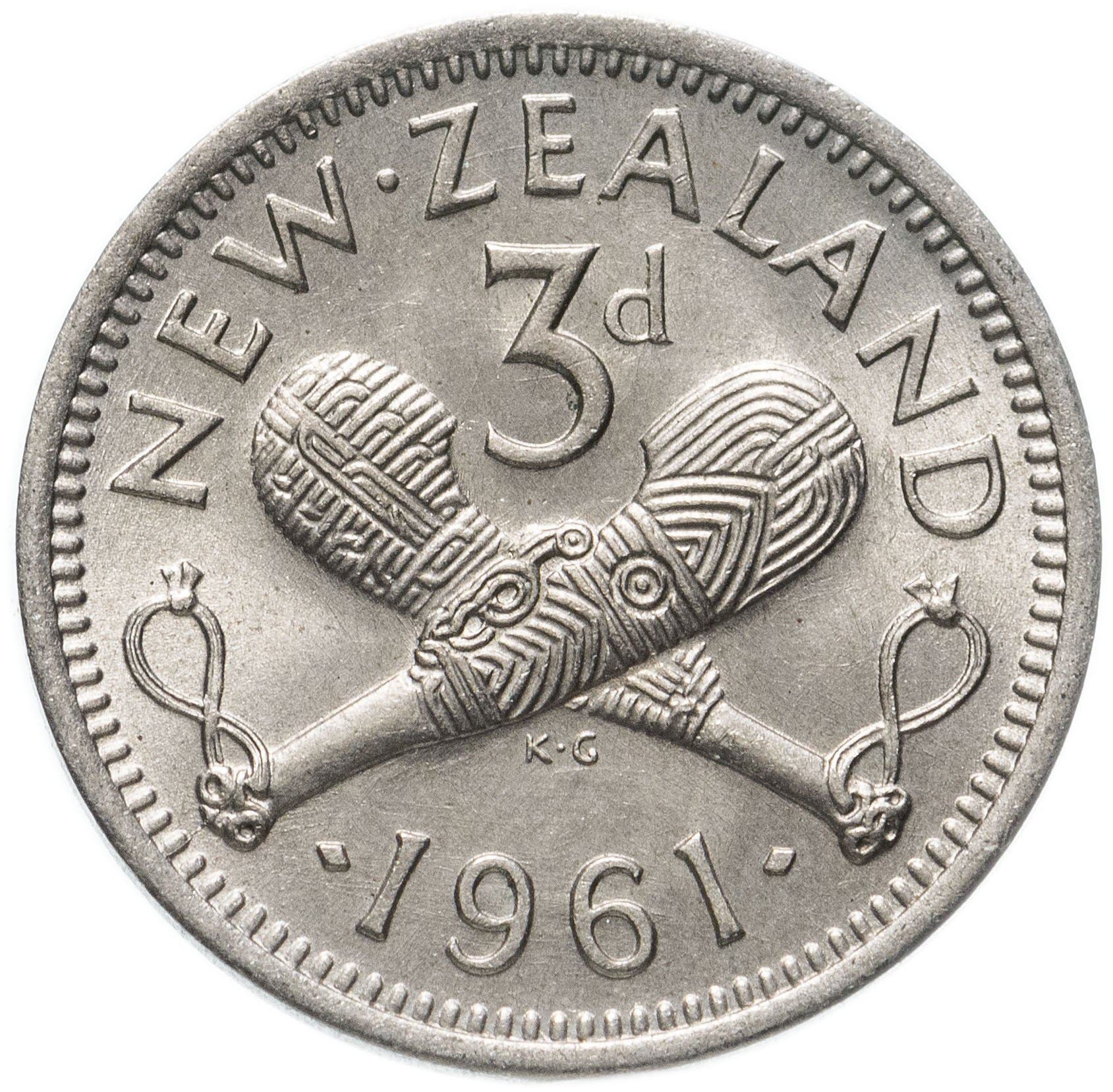 New Zealander 3 Pence Coin | Queen Elizabeth II | Carved Patu | KM25 | 1953 - 1965