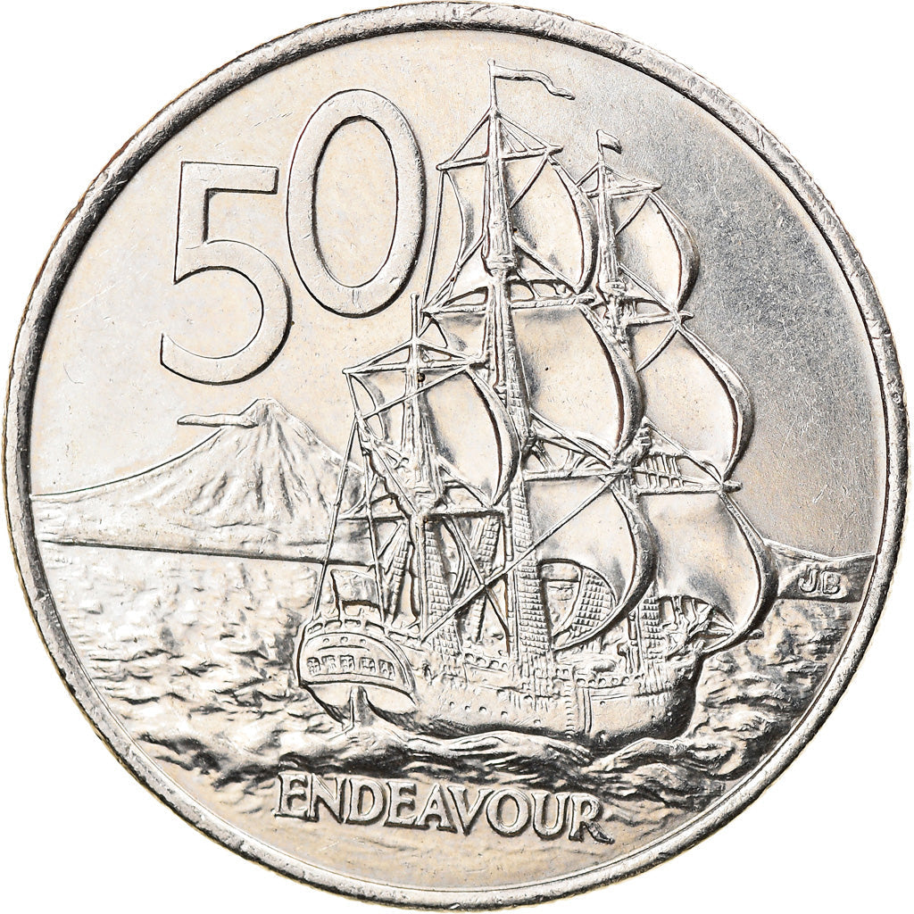 New Zealander 50 Cents Coin | Queen Elizabeth II | Captain James Cook | HMS Endeavour | KM119 | 1999 - 2006