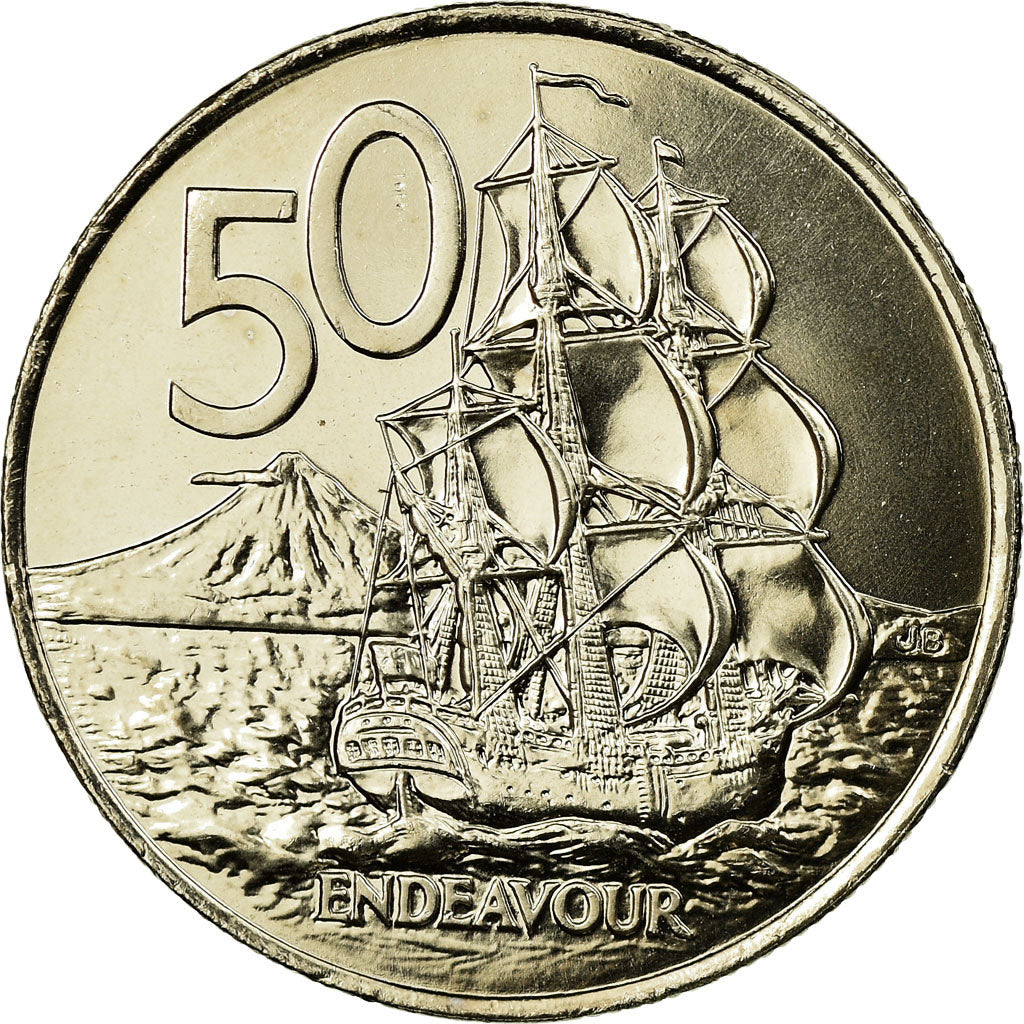 New Zealander 50 Cents Coin | Queen Elizabeth II | Captain James Cook | HMS Endeavour | KM119 | 1999 - 2006