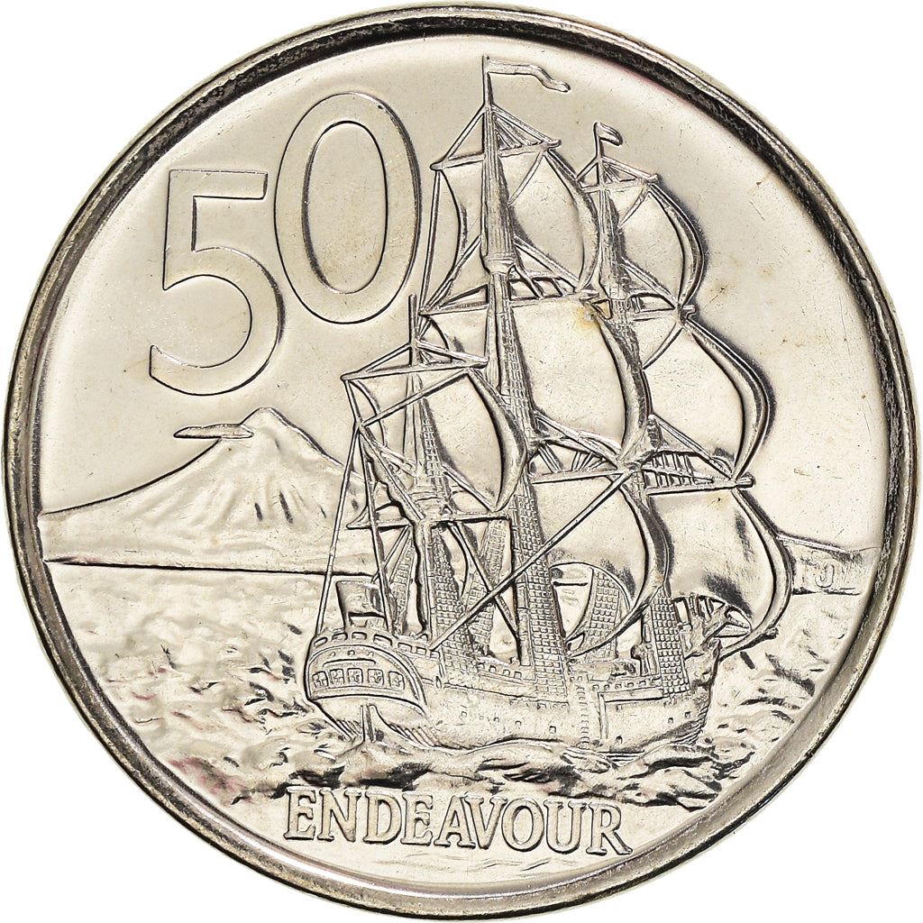 New Zealander 50 Cents Coin | Queen Elizabeth II | Captain James Cook | HMS Endeavour | KM119a | 2006 - 2021