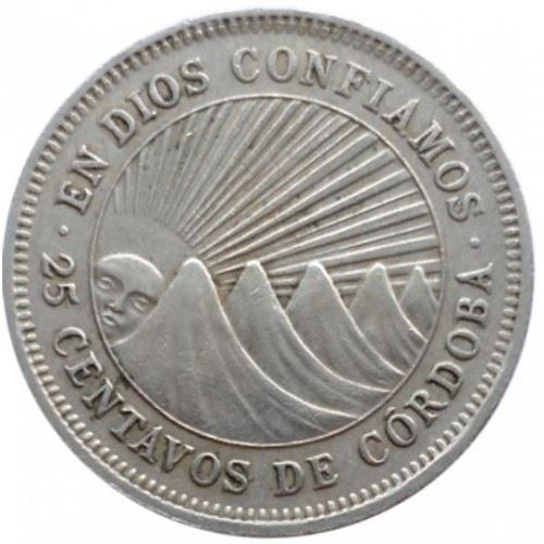 Nicaragua | 25 Centavos Coin | Explorer | Sun | Volcanos | Km:18.2 | 1964 - 1965