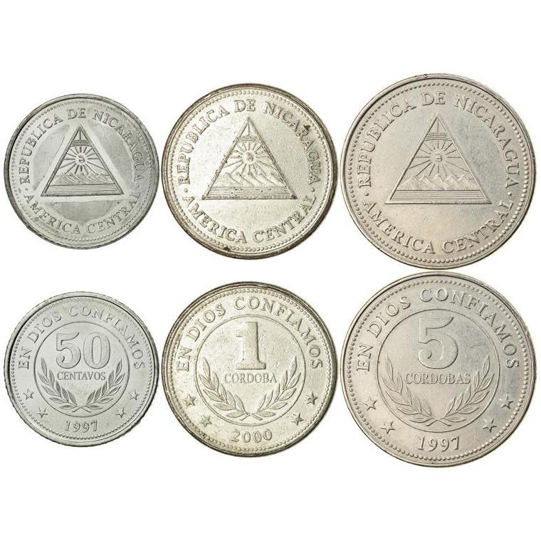 Nicaragua | 3 Coin Set | 50 Centavos 1 5 Cordobas | Rainbow | Volcano | 1997 - 2000