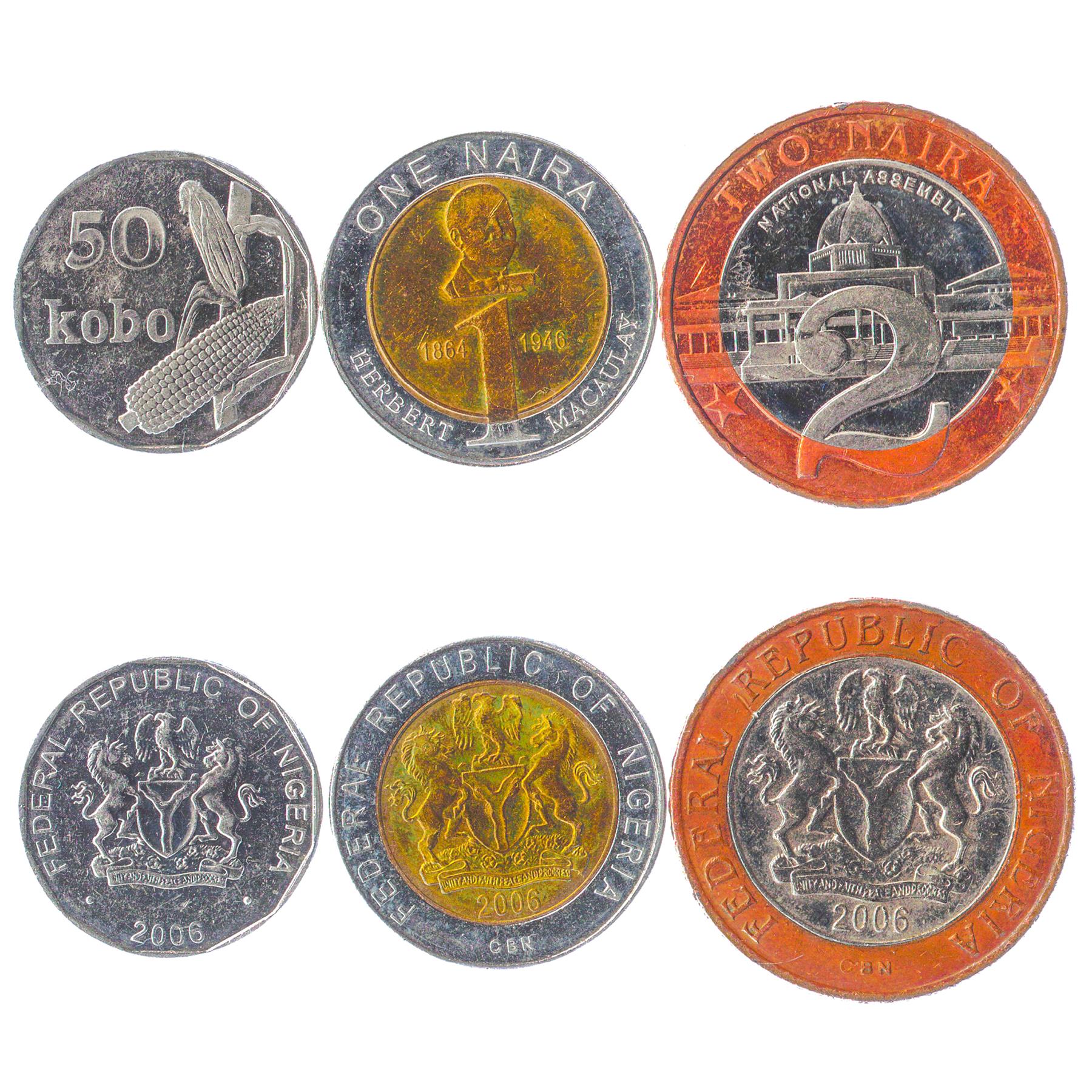 Nigeria | 3 Coin Set | 50 Kobo 1 2 Naira | 2006