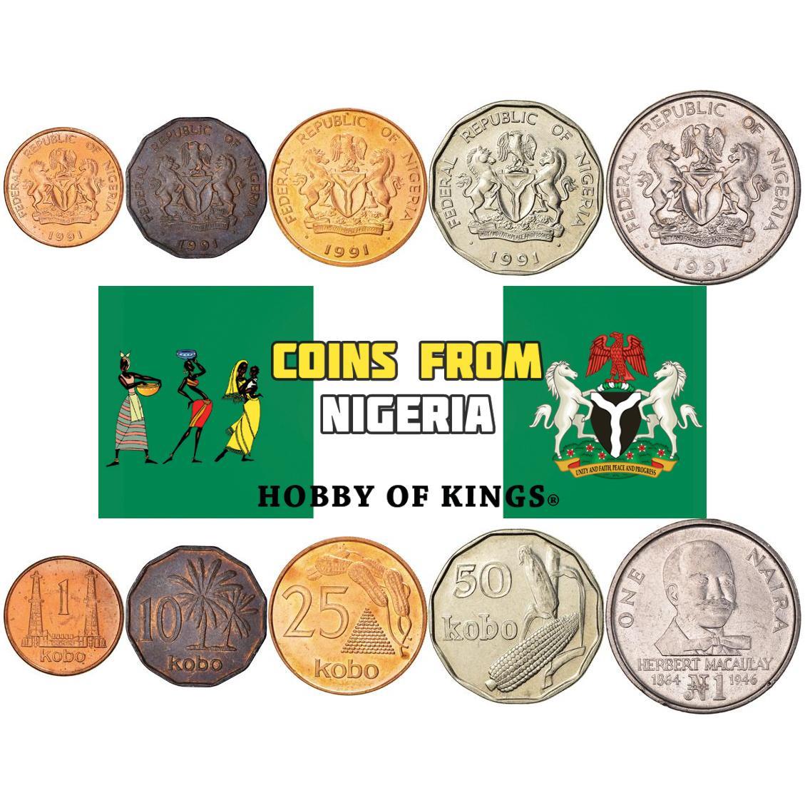 Nigeria | 5 Coin Set | 1 10 25 50 Kobo 1 Naira | 1991 - 1993