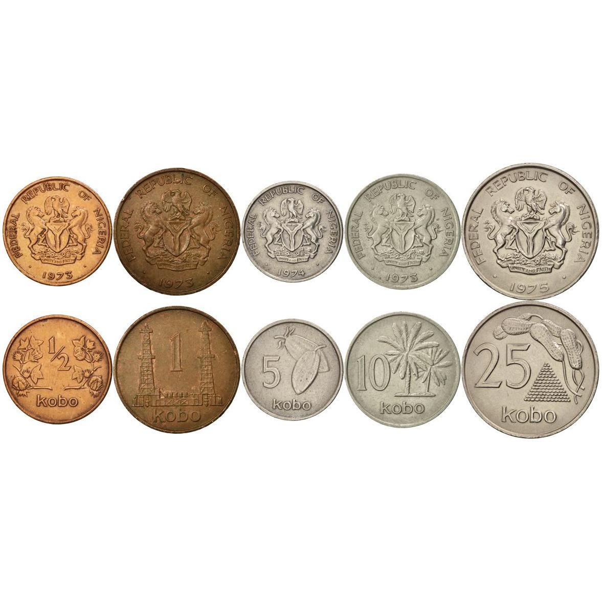 Nigeria | 5 Coin Set | 1/2 1 5 10 25 Kobo | 1973 - 1986