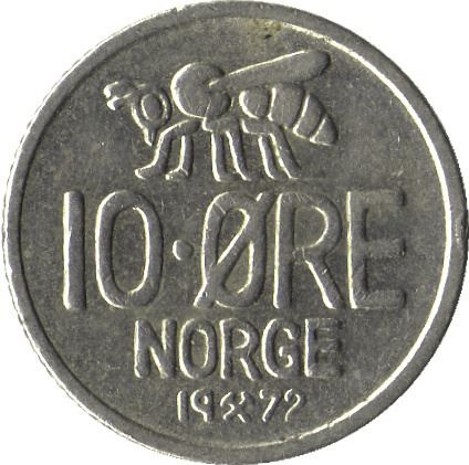 Norway 10 Øre - Olav V large letters Coin KM411 1959 - 1973