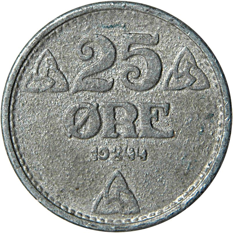 Norway | 25 Ore Coin | Haakon VII | WW2 German Occupation | KM395 | 1943 - 1945