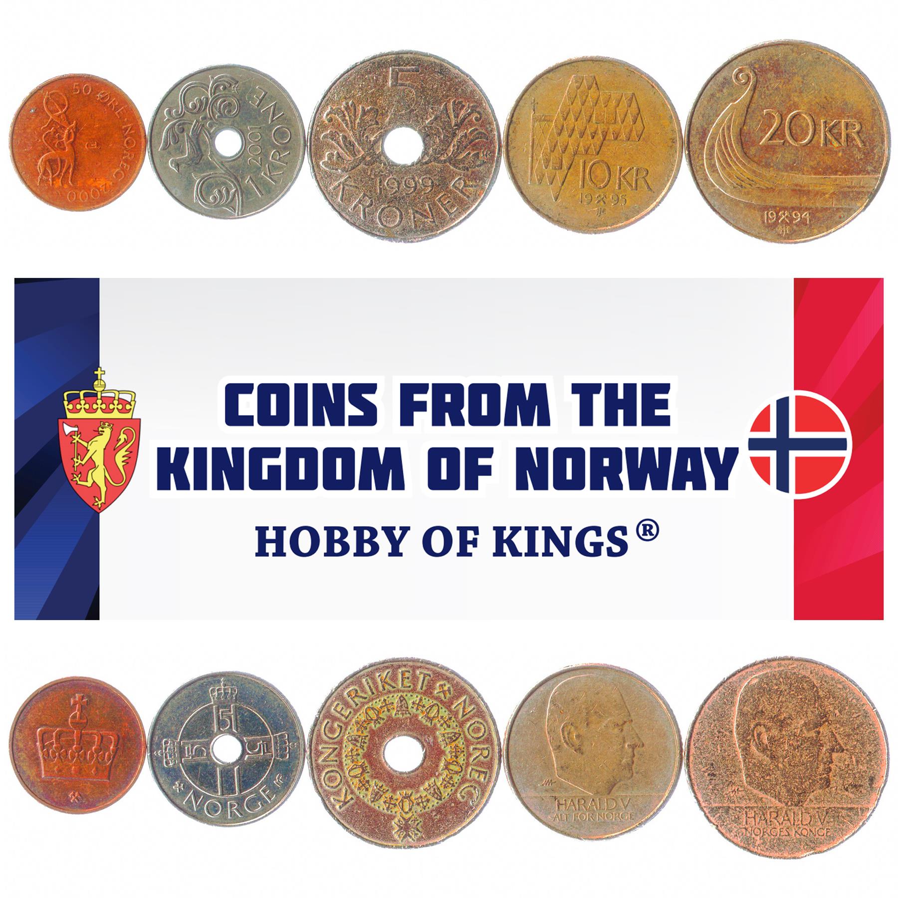 Norwegian 5 Coin Set 50 Øre 1 5 10 20 Kroner | King Harald V | Nidhogg | Viking Longship | Norway | 1994 - 2017