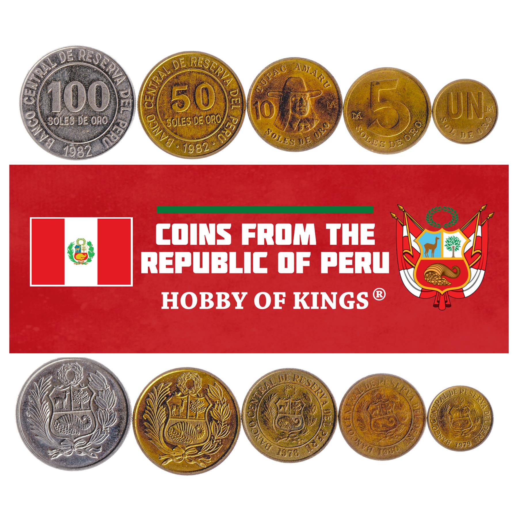 Peruvian 5 Coin Set 1 Sol 5 10 50 100 Soles | Olive Branch | Tupac Amaru | Laurel Wreath | 1978 - 1983