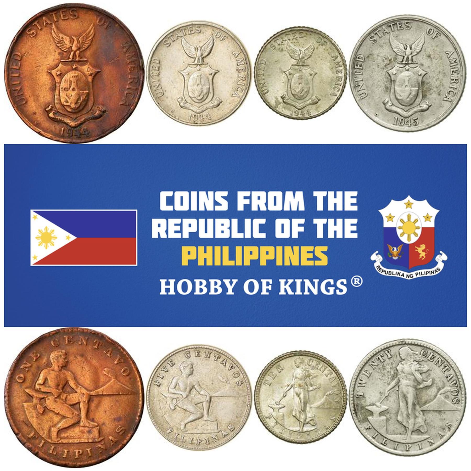 Philippines | 4 Coin Set | 1 5 10 20 Centavos | Volcano | Blacksmith | 1937 - 1945