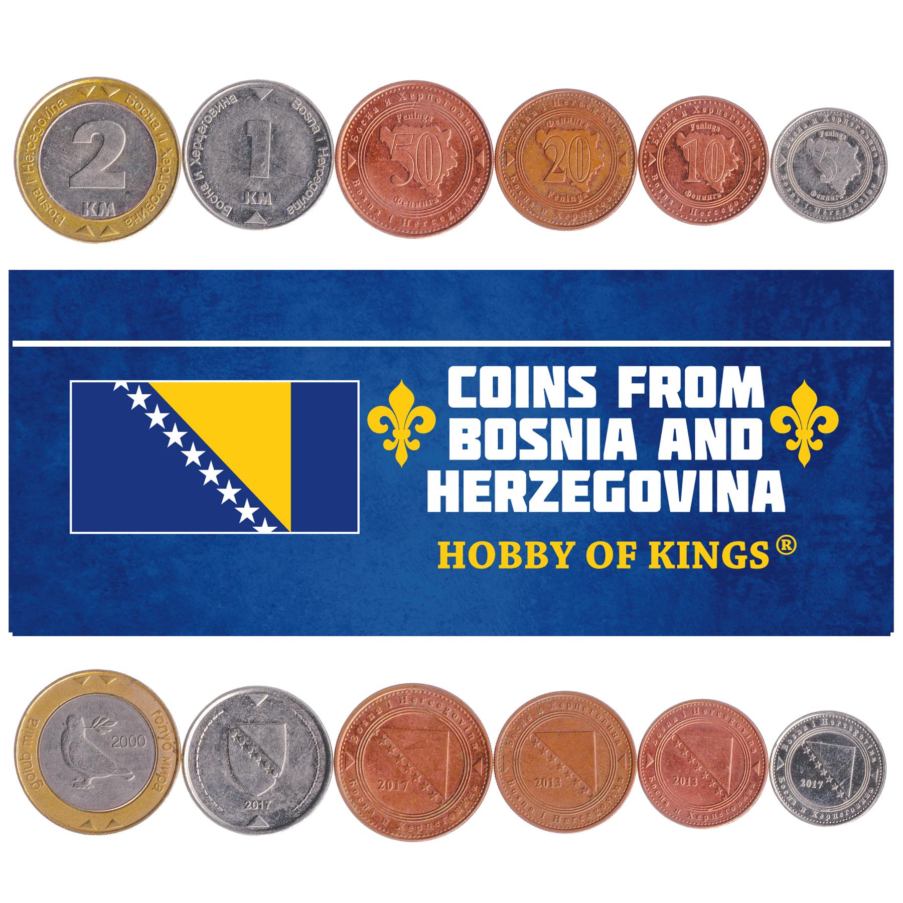 SET 6 COINS BOSNIA AND HERZEGOVINA 5 10 20 50 FENINGA 1 2 MARKA 1998 - 2021