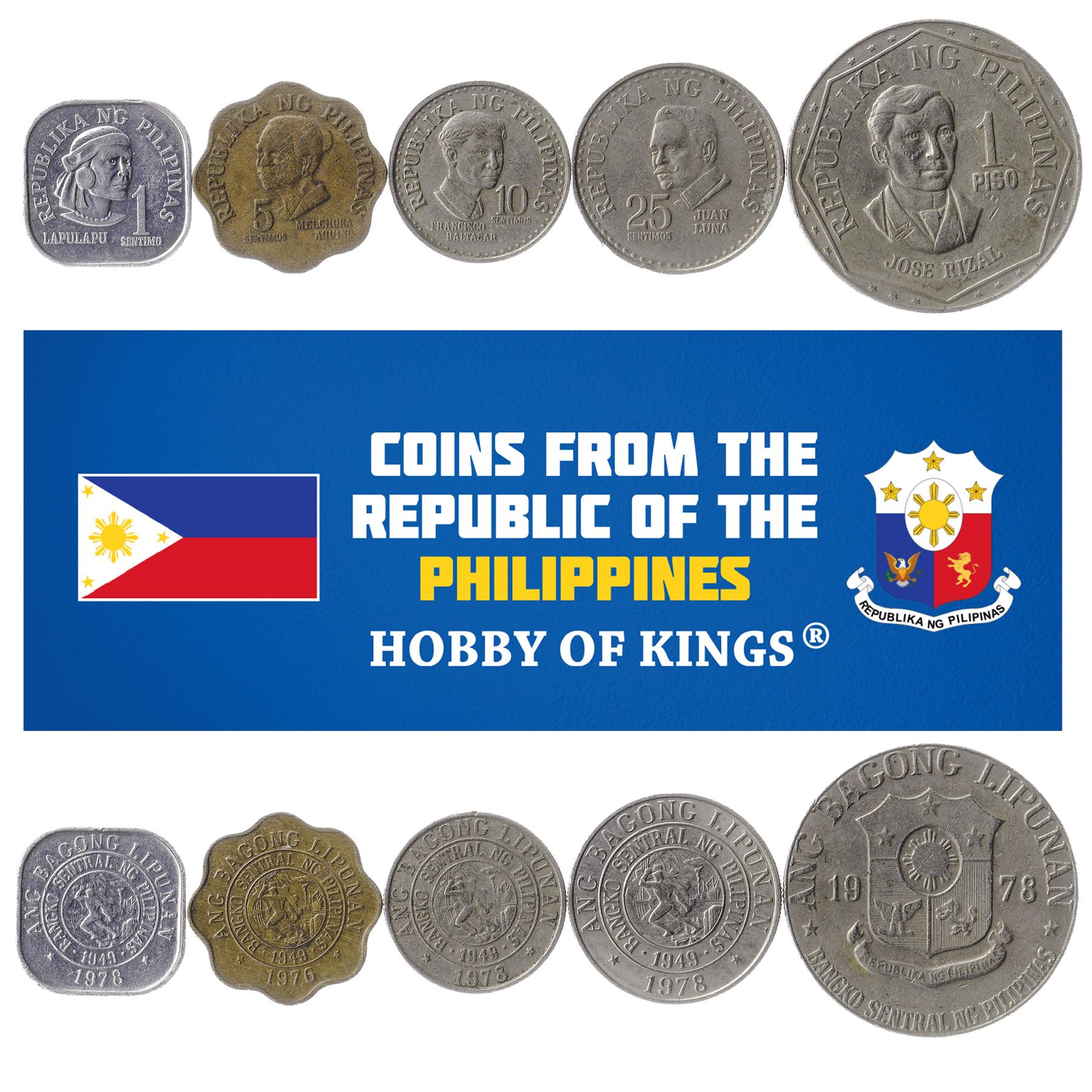 Set 5 Coins Philippines 1 5 10 25 Sentimos 1 Peso 1975 - 1978