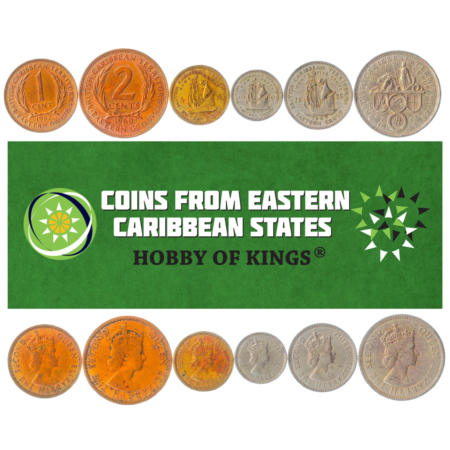 Set 6 Coins Eastern Caribbean 1 2 5 10 25 50 Cents 1955 - 1965